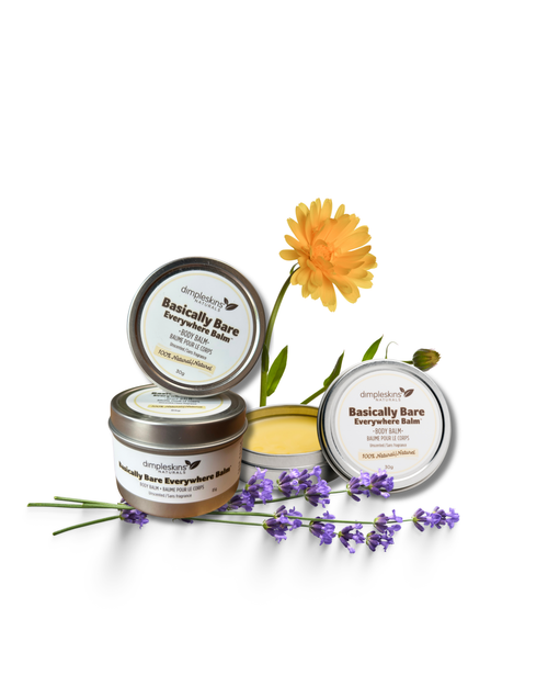Dimpleskins Unscented Basically Bare Balm 85g tin. Natural botanical moisturizer for babies, kids, breastfeeding — made in Canada