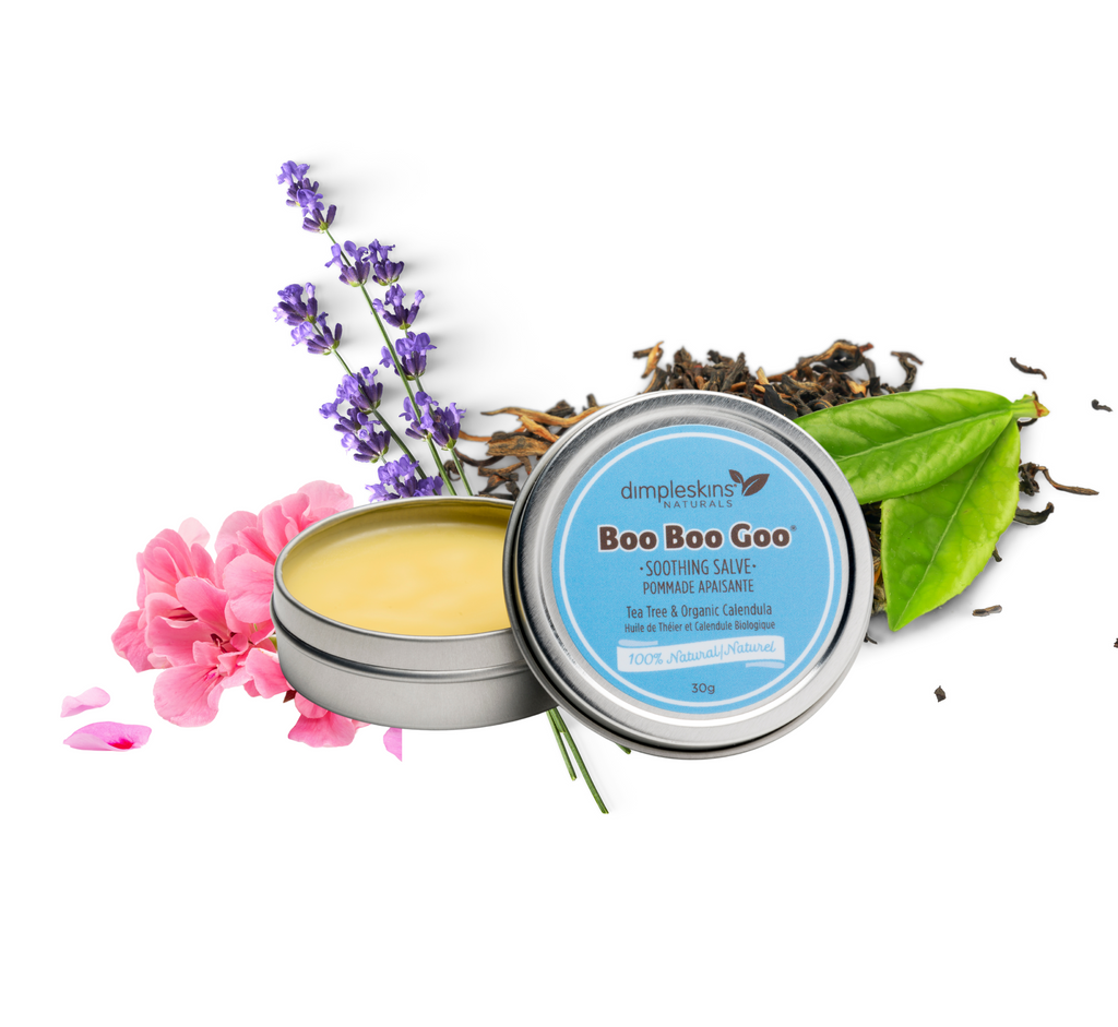 Dimpleskins Boo Boo Goo Soothing Salve 30g tin. Natural botanical salve for minor irritations, itchy bites, sunburns, natural first aid — made in Canada