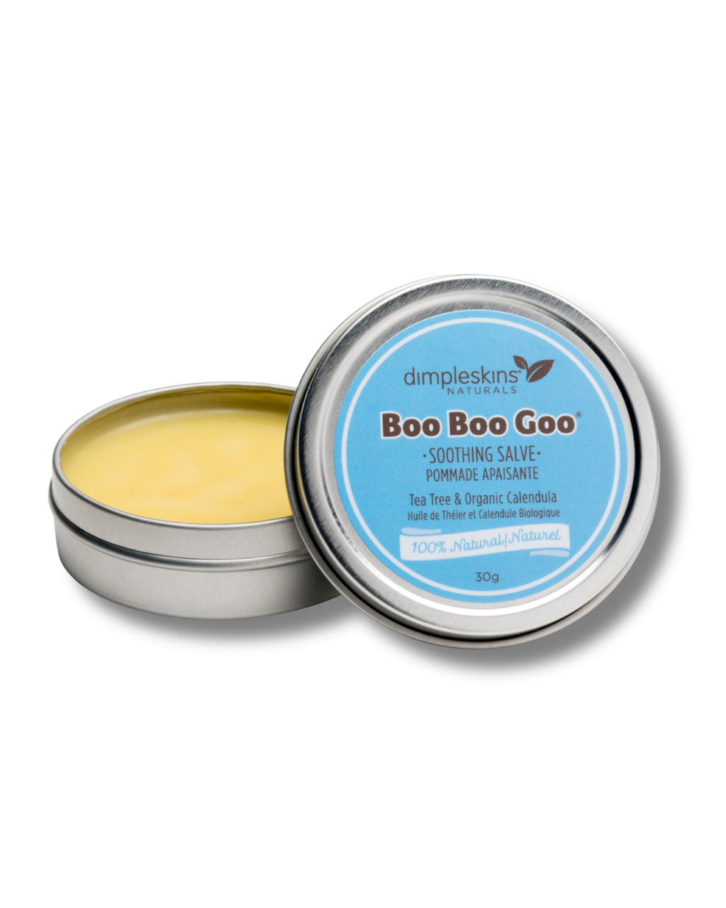 Dimpleskins Boo Boo Goo Soothing Salve 30g tin. Natural botanical salve for minor irritations, itchy bites, sunburns, natural first aid — made in Canada