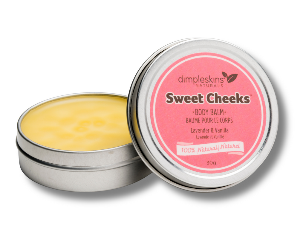 Dimpleskins Sweet Cheeks Body Balm 30g tin. Natural botanical salve for baby massage, helping to relax babies for better sleep, and soothing moisturizer — made in Canada