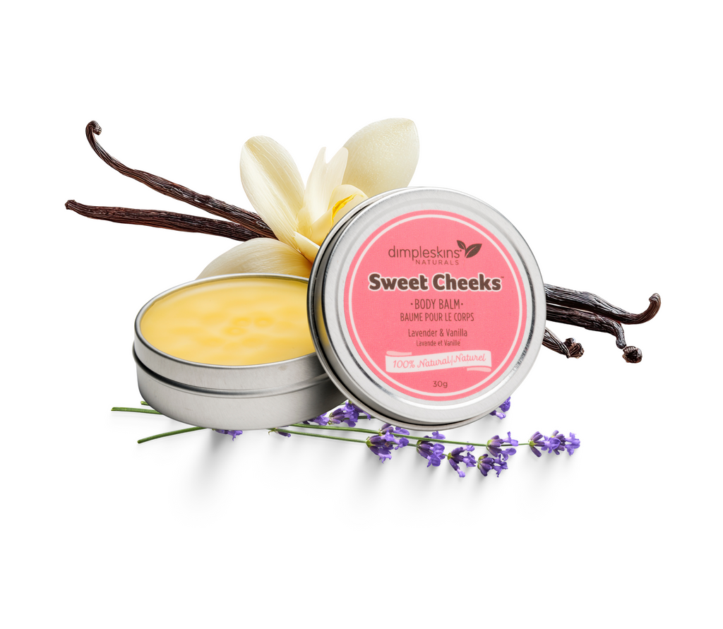 Dimpleskins Sweet Cheeks Body Balm 30g tin. Natural botanical salve for baby massage, helping to relax babies for better sleep, and soothing moisturizer — made in Canada