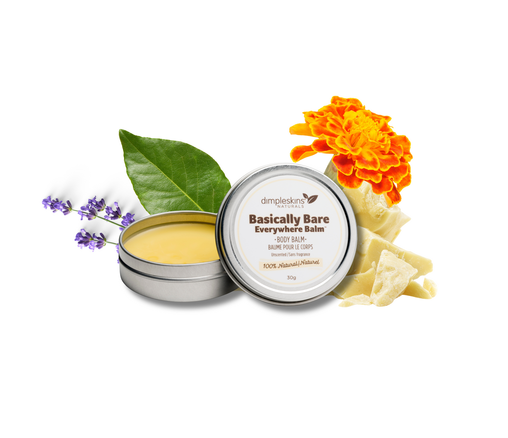 Dimpleskins Unscented Basically Bare Balm 30g tin. Natural botanical moisturizer for babies, kids, breastfeeding — made in Canada